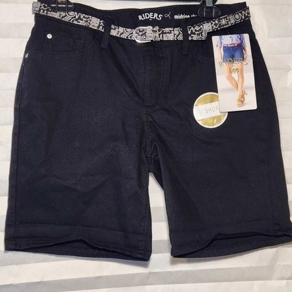 Riders by Lee Mid Rise Shorts Size 6 Black Aztec Belt NWT 6" Inseam Casual Short